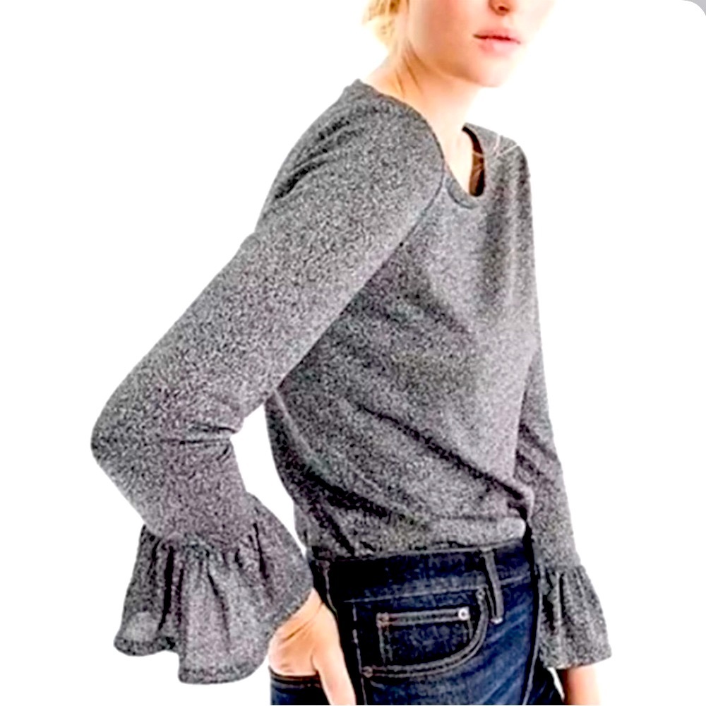 J. Crew Metallic Blouse Ruffle Sleeve Blouse‎ Women's Small Silver Party Holiday